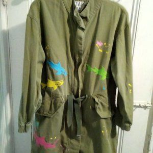 Za Maui & Sons Limited Edition Shark Themed Army Fatigue Parka Embroidered Sz XS